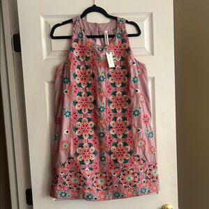 Anthropologie Pink Floral Embroidered Mini Dress